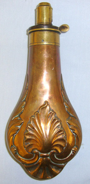 G. & J.W. Hawksley Large Embossed Shell & Bush Design Copper Black Powder Flask With Graduated, Spr Antique & Militaria