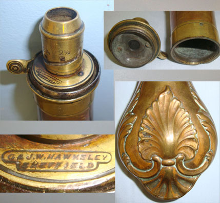  G. & J.W. Hawksley Large Embossed Shell & Bush Design Copper Black Powder Flask With Graduated, Spr Antique & Militaria
