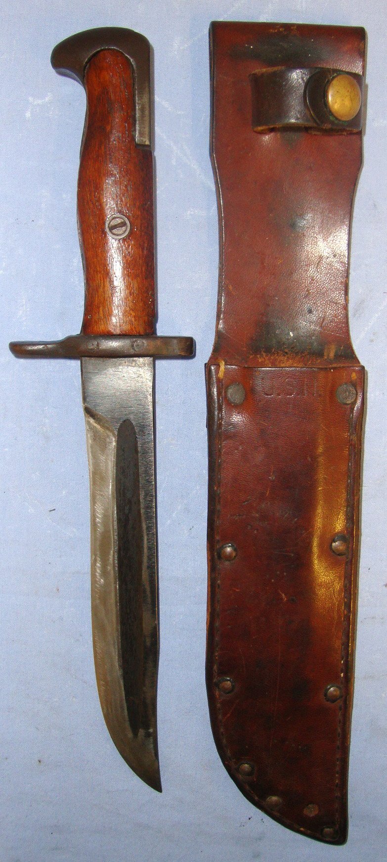 WW2 Pacific Theatre USMC M1 Garand Rifle Bayonet Period Converted To Fighting Knife With Period USN Ka-Bar Scabbard. Sn 22121 Sword