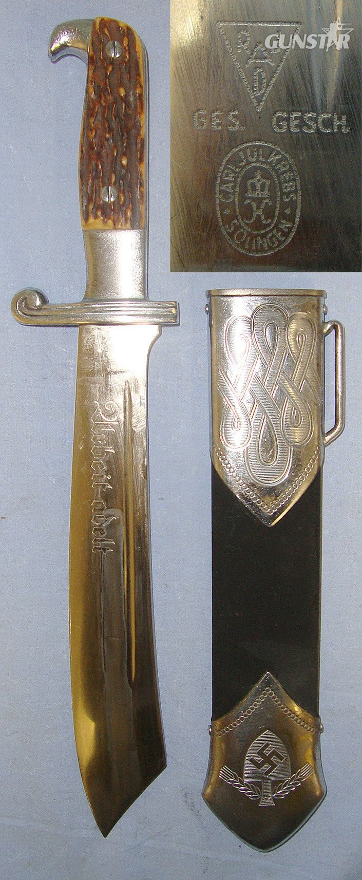 WW2 Era Nazi German Reichsarbeitsdienst (RAD, "Reich Labour Service") Enlisted Man’s Hewer Dagger By Carl Jul Krebs Solingen With Etched Blade ‘Arbeit Adelt’ (Work Enobles) & Scabbard. Sn 23484:13 Dagger in 