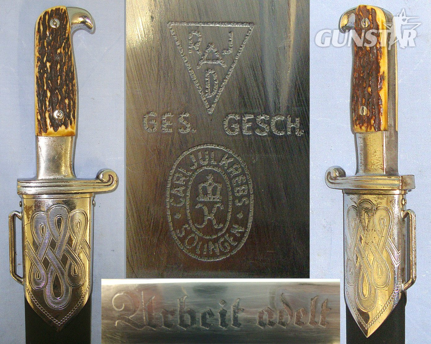 WW2 Era Nazi German Reichsarbeitsdienst (RAD, "Reich Labour Service") Enlisted Man’s Hewer Dagger By Carl Jul Krebs Solingen With Etched Blade ‘Arbeit Adelt’ (Work Enobles) & Scabbard. Sn 23484:13 Dagger
