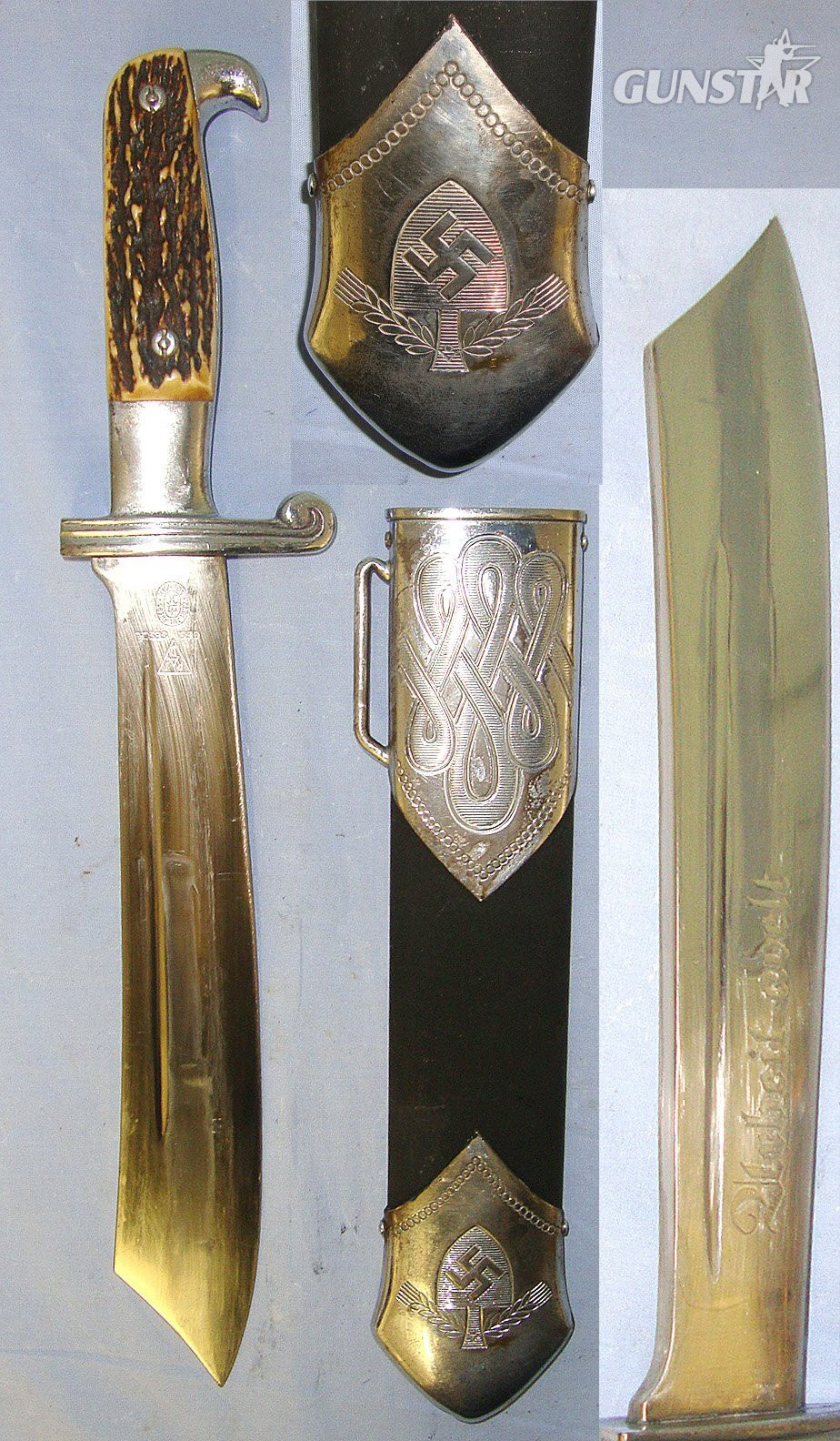  WW2 Era Nazi German Reichsarbeitsdienst (RAD, "Reich Labour Service") Enlisted Man’s Hewer Dagger By Carl Jul Krebs Solingen With Etched Blade ‘Arbeit Adelt’ (Work Enobles) & Scabbard. Sn 23484:13 Dagger