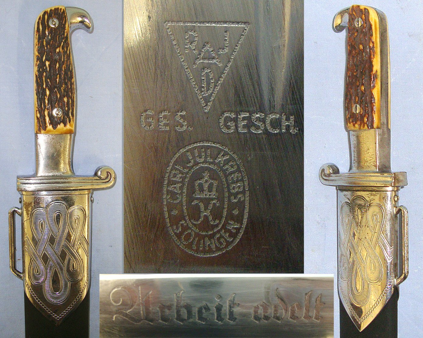 WW2 Era Nazi German Reichsarbeitsdienst (RAD, "Reich Labour Service") Enlisted Man’s Hewer Dagger By Carl Jul Krebs Solingen With Etched Blade ‘Arbeit Adelt’ (Work Enobles) & Scabbard. Sn 23484:13 Dagger