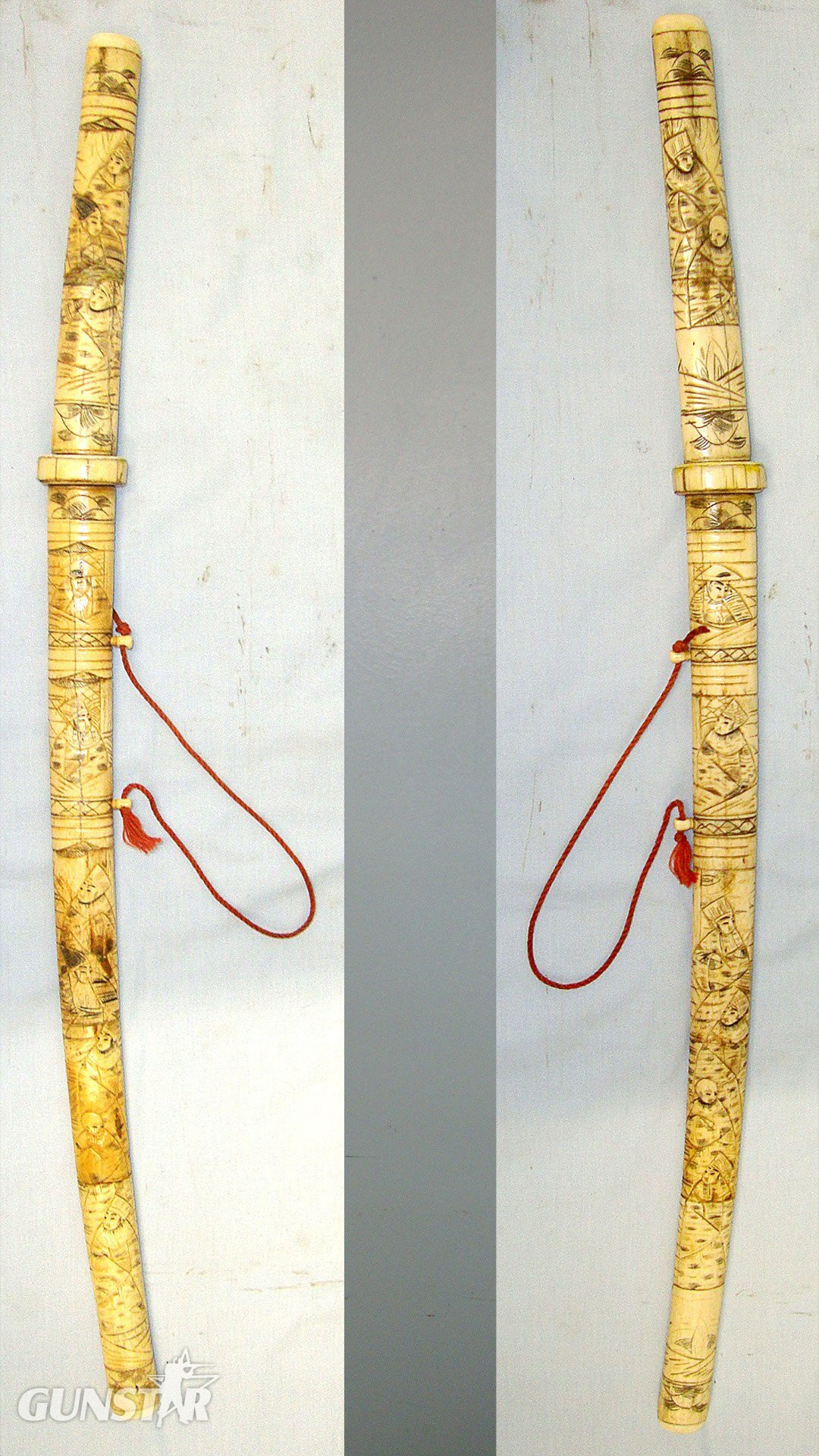 Victorian Era Japanese Tourist Export Wakizashi Short Sword With Ornately Hand Carved Ox Bone Handle & Scabbard With Original Plaited Silk Hanging Cord. Sn 23304 Sword in 