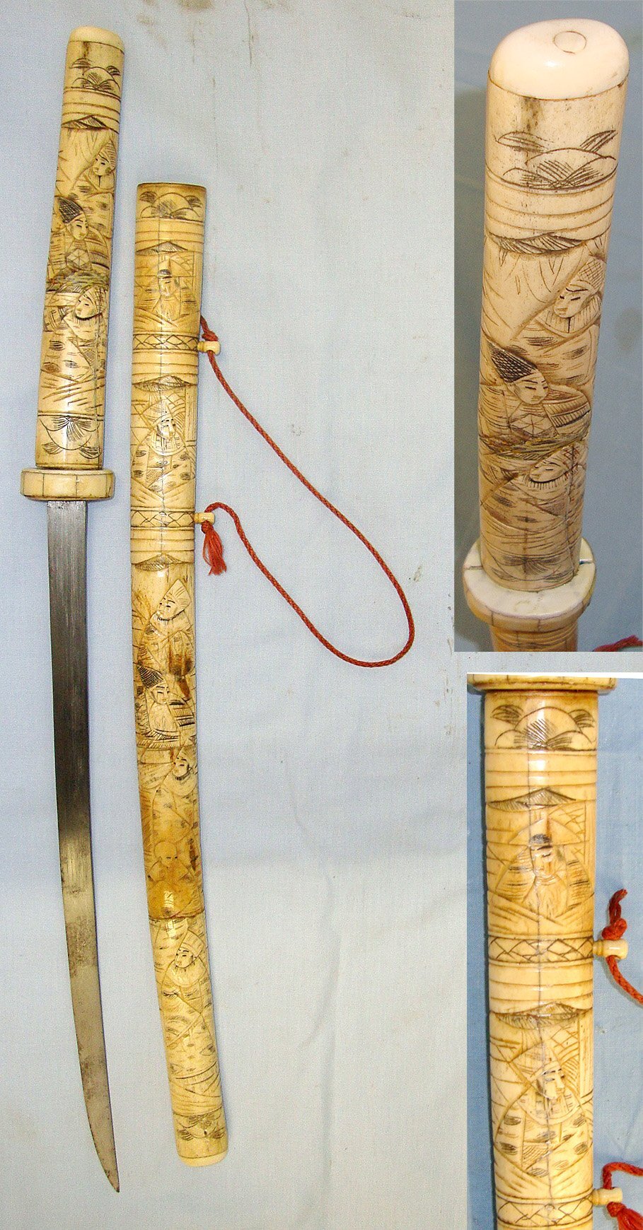Victorian Era Japanese Tourist Export Wakizashi Short Sword With Ornately Hand Carved Ox Bone Handle & Scabbard With Original Plaited Silk Hanging Cord. Sn 23304 Sword
