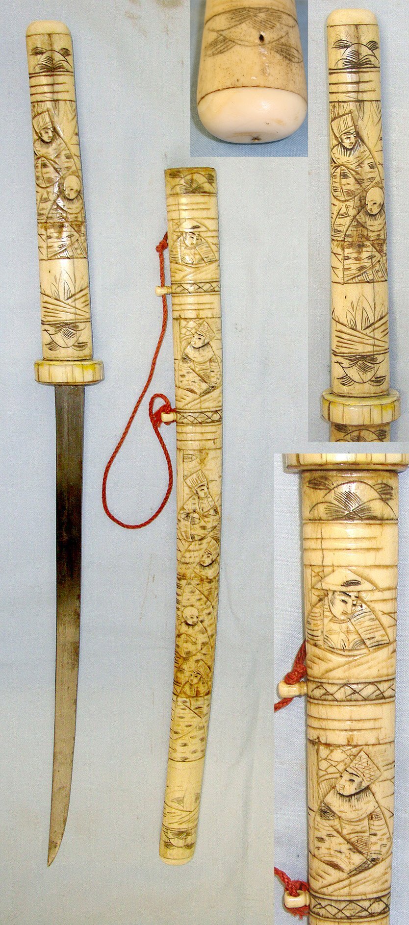  Victorian Era Japanese Tourist Export Wakizashi Short Sword With Ornately Hand Carved Ox Bone Handle & Scabbard With Original Plaited Silk Hanging Cord. Sn 23304 Sword