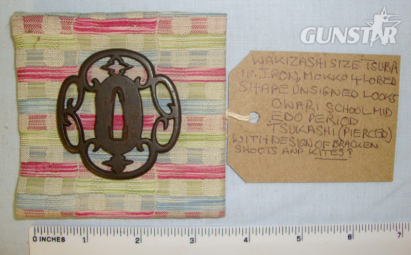 EXPERT ASSESSED** Japanese Mid Edo Period (C 1700’s) Wakizashi Size Owari School Form Pierced Iron Tsuba With Later Cloth Bag Sword in 
