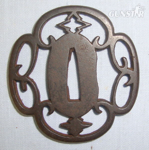 EXPERT ASSESSED** Japanese Mid Edo Period (C 1700’s) Wakizashi Size Owari School Form Pierced Iron Tsuba With Later Cloth Bag Sword