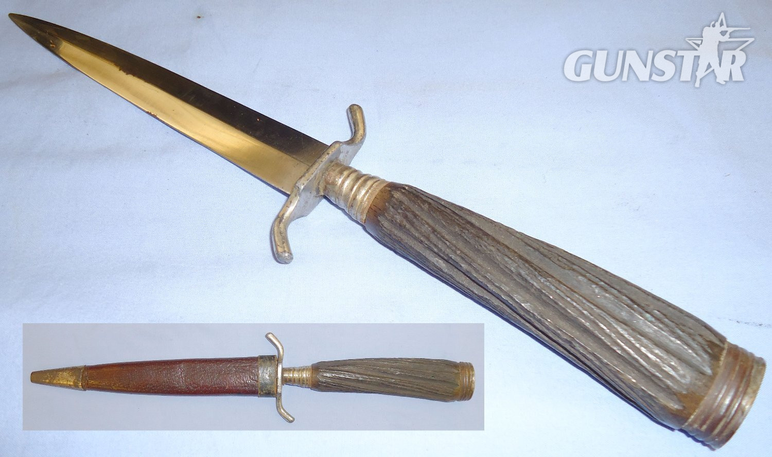A nice original WWI German trench/fighting knife and steel scabbard. The knife is a hunting style variant and features a carved wood simulated stag-horn hilt (see page 40, plate 177 of Steven\'s book \'Fighting Knives\'). The dagger has a German silver po Dagger