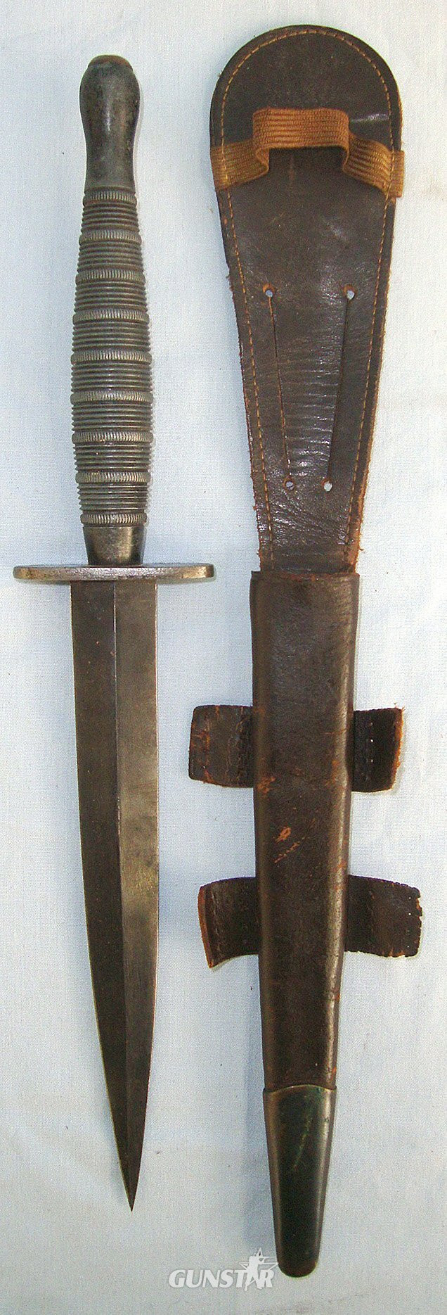 VERY RARE**9 ROPED RINGS VARIANT**WW2 British Officer’s Private Purchase Ribbed & Roped Alloy Hilt Fairbairn Sykes FS Commando Fighting Knife & Scabbard. Sn 23578 Knive in 