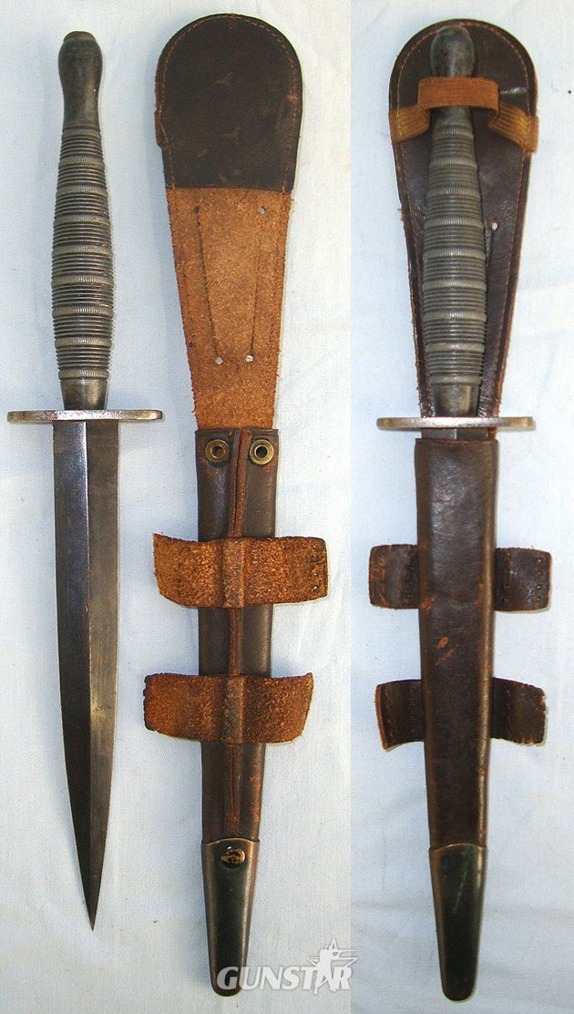  VERY RARE**9 ROPED RINGS VARIANT**WW2 British Officer’s Private Purchase Ribbed & Roped Alloy Hilt Fairbairn Sykes FS Commando Fighting Knife & Scabbard. Sn 23578 Knive