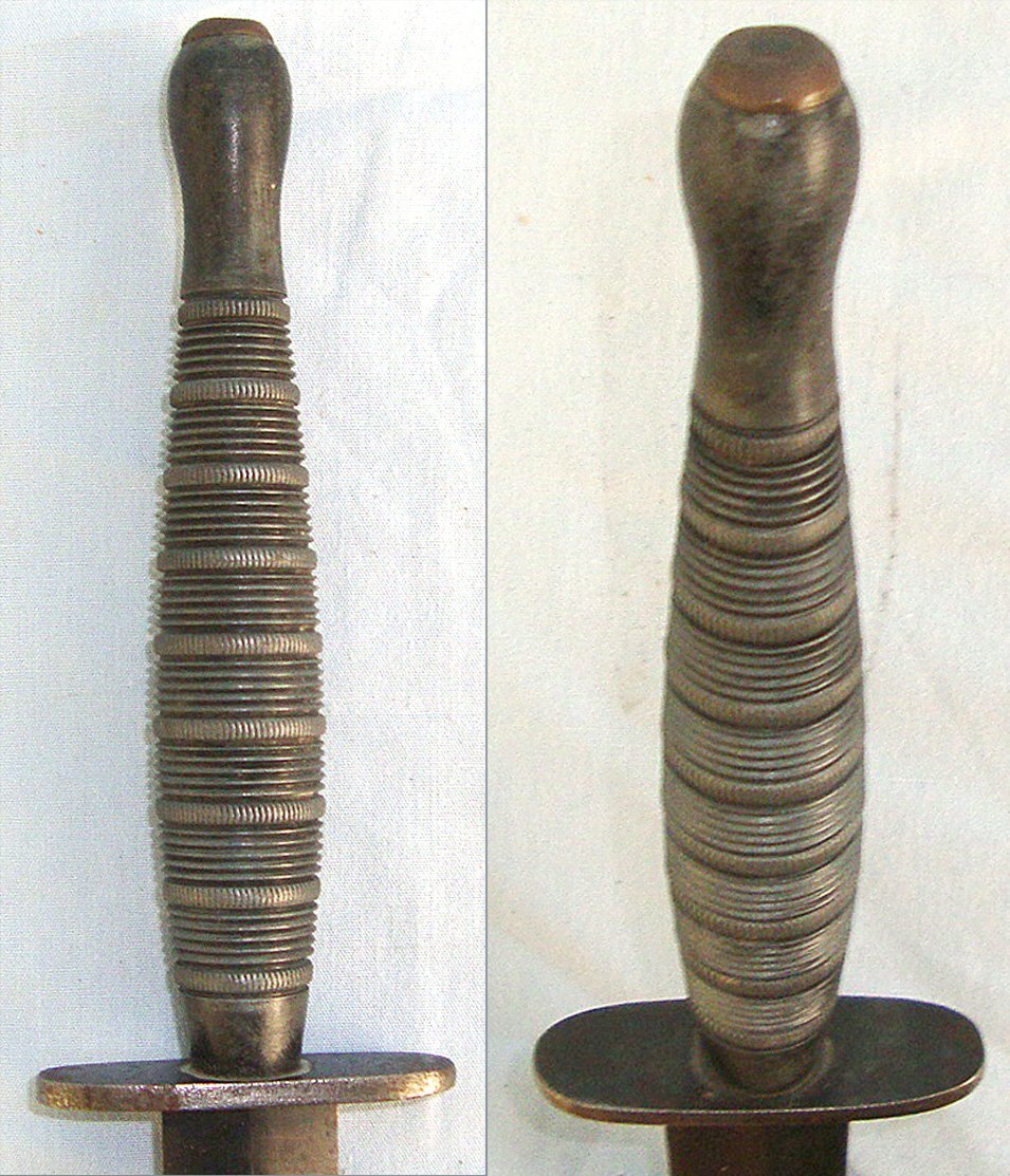 VERY RARE**9 ROPED RINGS VARIANT**WW2 British Officer’s Private Purchase Ribbed & Roped Alloy Hilt Fairbairn Sykes FS Commando Fighting Knife & Scabbard. Sn 23578 Knive