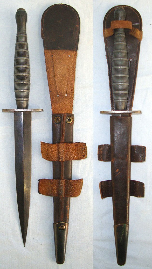  VERY RARE**9 ROPED RINGS VARIANT**WW2 British Officer’s Private Purchase Ribbed & Roped Alloy Hilt Fairbairn Sykes FS Commando Fighting Knife & Scabbard. Sn 23578 Knive