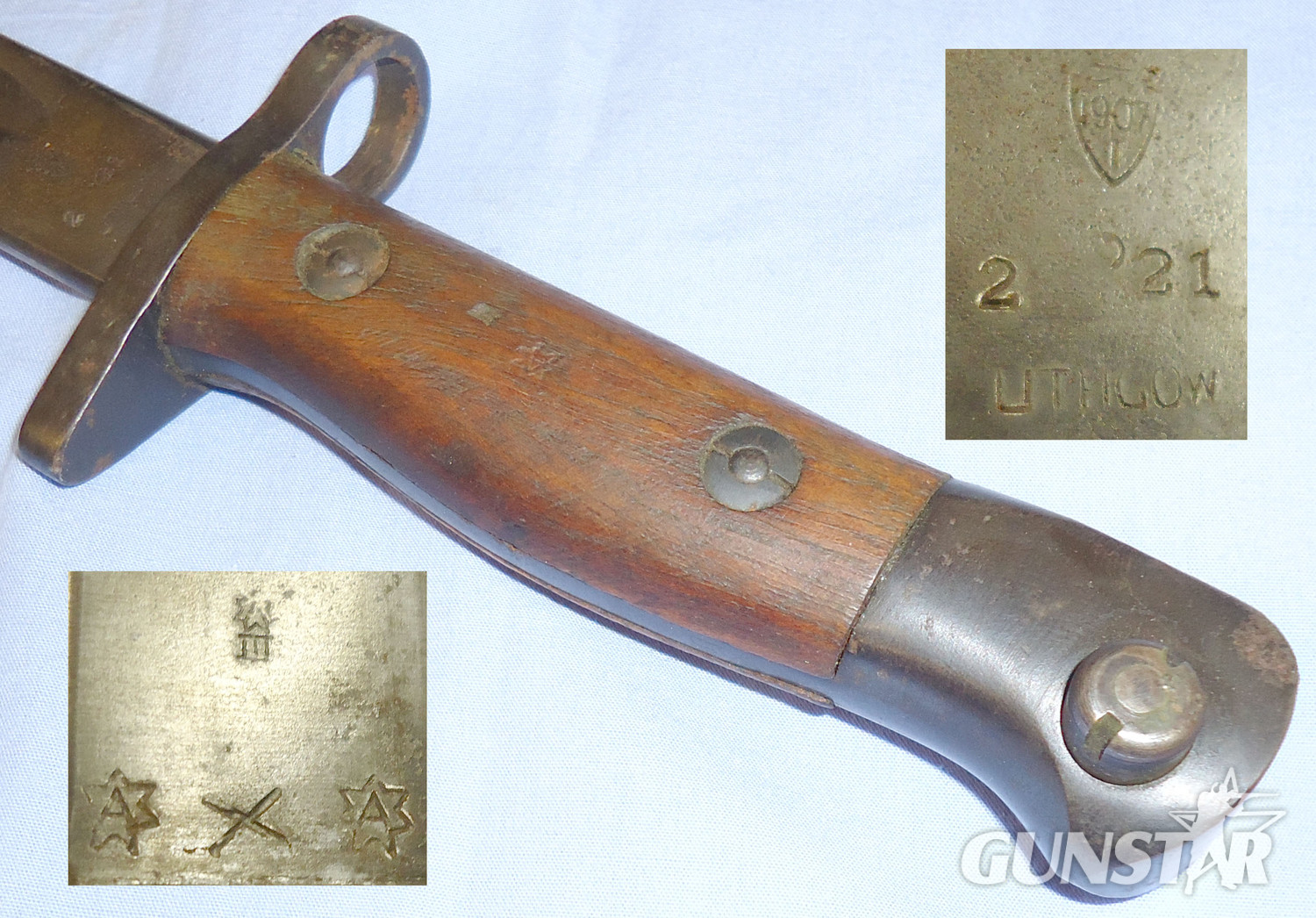 Inter War Dated 1907 Pattern Australian Lithgow Bayonet and Double Seamed 1908 Pattern Leather Scabbard with Webbing Frog. ED 2266. Bayonet