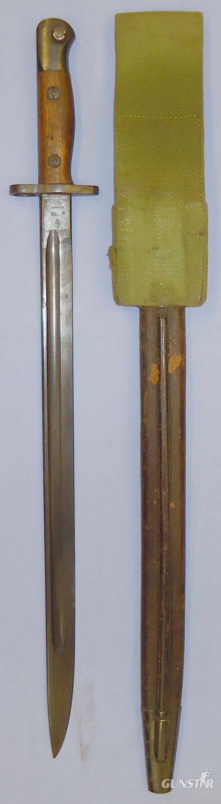  Inter War Dated 1907 Pattern Australian Lithgow Bayonet and Double Seamed 1908 Pattern Leather Scabbard with Webbing Frog. ED 2266. Bayonet