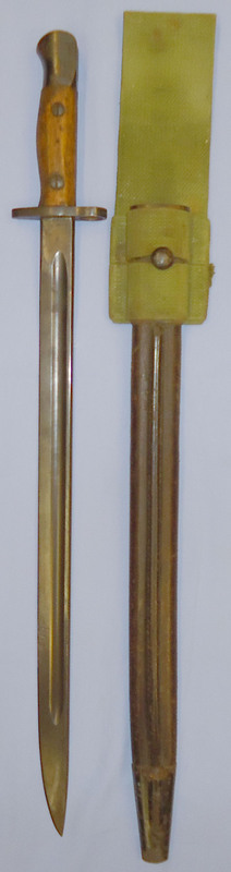 Inter War Dated 1907 Pattern Australian Lithgow Bayonet and Double Seamed 1908 Pattern Leather Scabbard with Webbing Frog. ED 2266. Bayonet