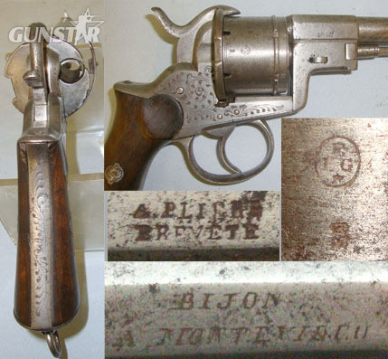  A.PLIERS BREVETE” & engraved “BIJON S MONTE-VIDEO” UNUSUAL LOADING MECHANISM & EJECTOR ROD**C1855-1866 A.PLIERS BREVETE Liege Proof 12 mm Revolver