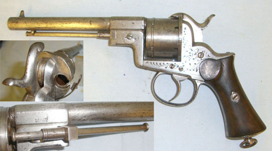 A.PLIERS BREVETE” & engraved “BIJON S MONTE-VIDEO” UNUSUAL LOADING MECHANISM & EJECTOR ROD**C1855-1866 A.PLIERS BREVETE Liege Proof 12 mm Revolver