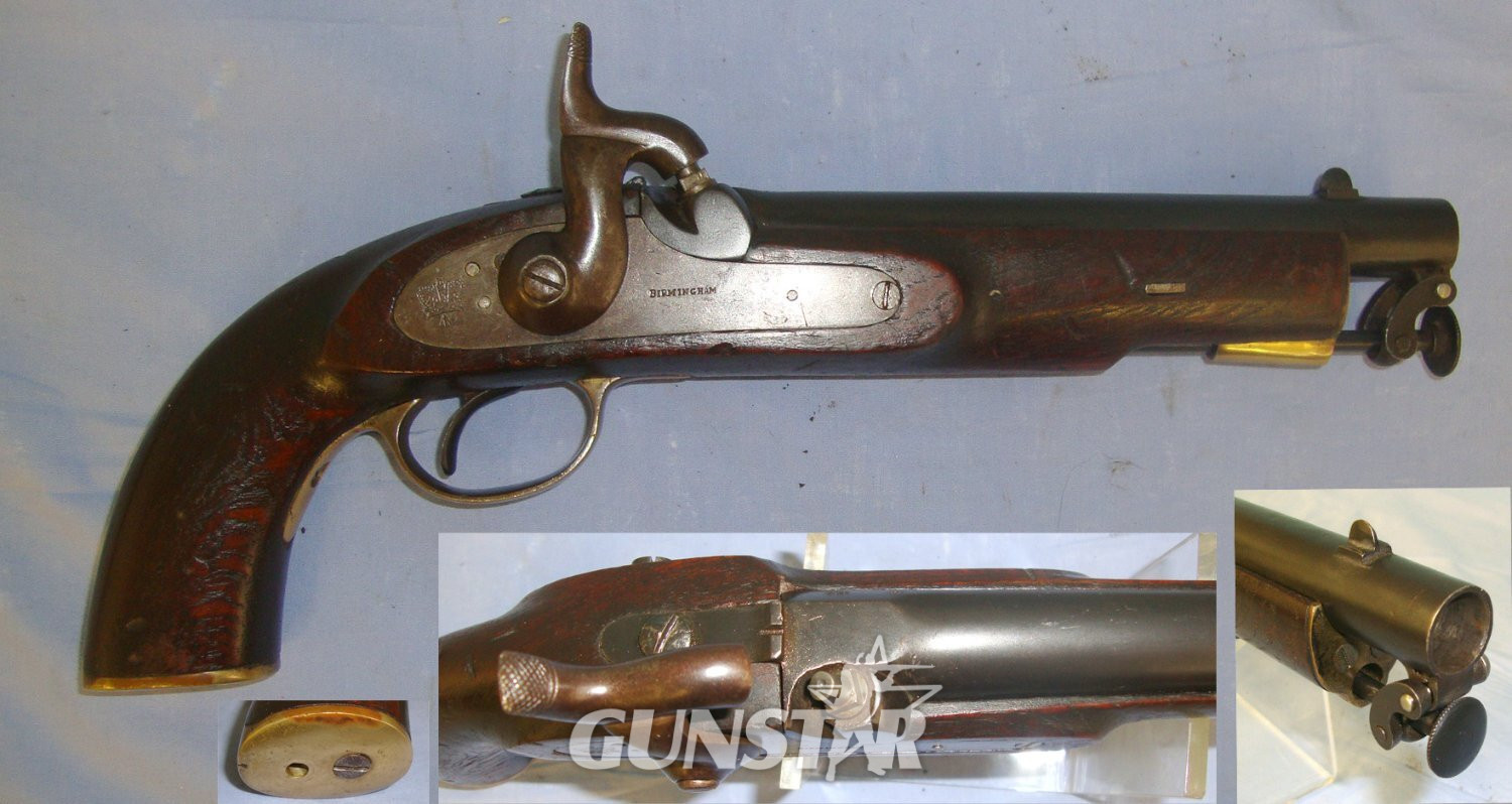 Victorian, C1840’s British WD Swinburn Birmingham Military Contract .650 Carbine Calibre Percussion Pistol With Captive Steel Ram Rod & Brass Furniture. Sn 21977:6 .65 Cal Muzzleloader Muzzleloader in 