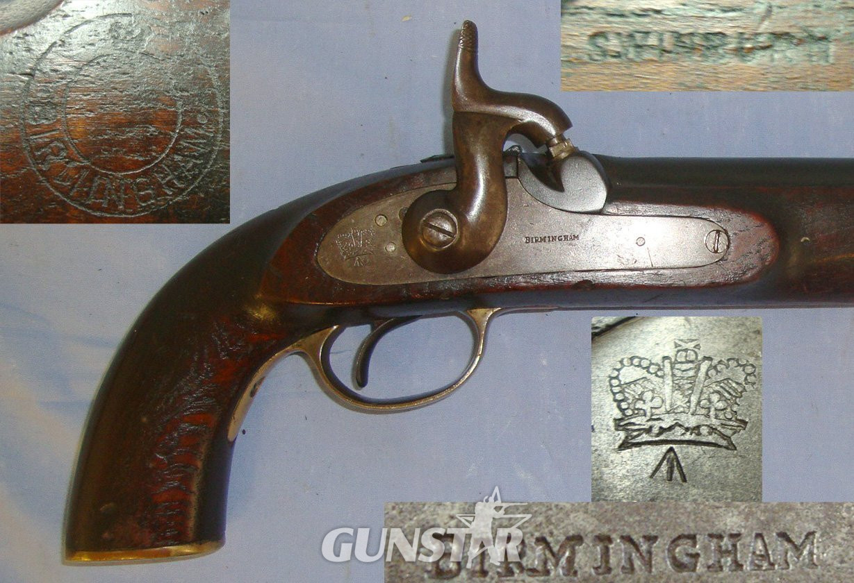Victorian, C1840’s British WD Swinburn Birmingham Military Contract .650 Carbine Calibre Percussion Pistol With Captive Steel Ram Rod & Brass Furniture. Sn 21977:6 .65 Cal Muzzleloader Muzzleloader