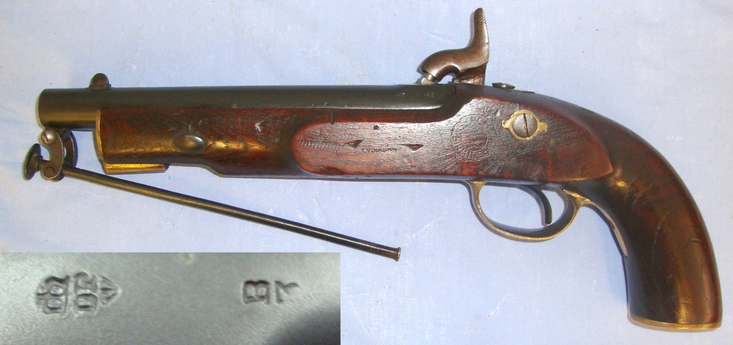  Victorian, C1840’s British WD Swinburn Birmingham Military Contract .650 Carbine Calibre Percussion Pistol With Captive Steel Ram Rod & Brass Furniture. Sn 21977:6 .65 Cal Muzzleloader Muzzleloader