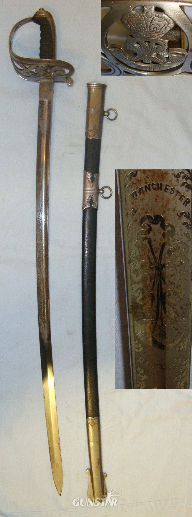 Victorian British Pattern 1827 Manchester Volunteer Rifles Officer\'s Sword With Blued & Etched Panels Blade By S&S Smith Manchester & Scabbard. Sn 22089 Sword in 
