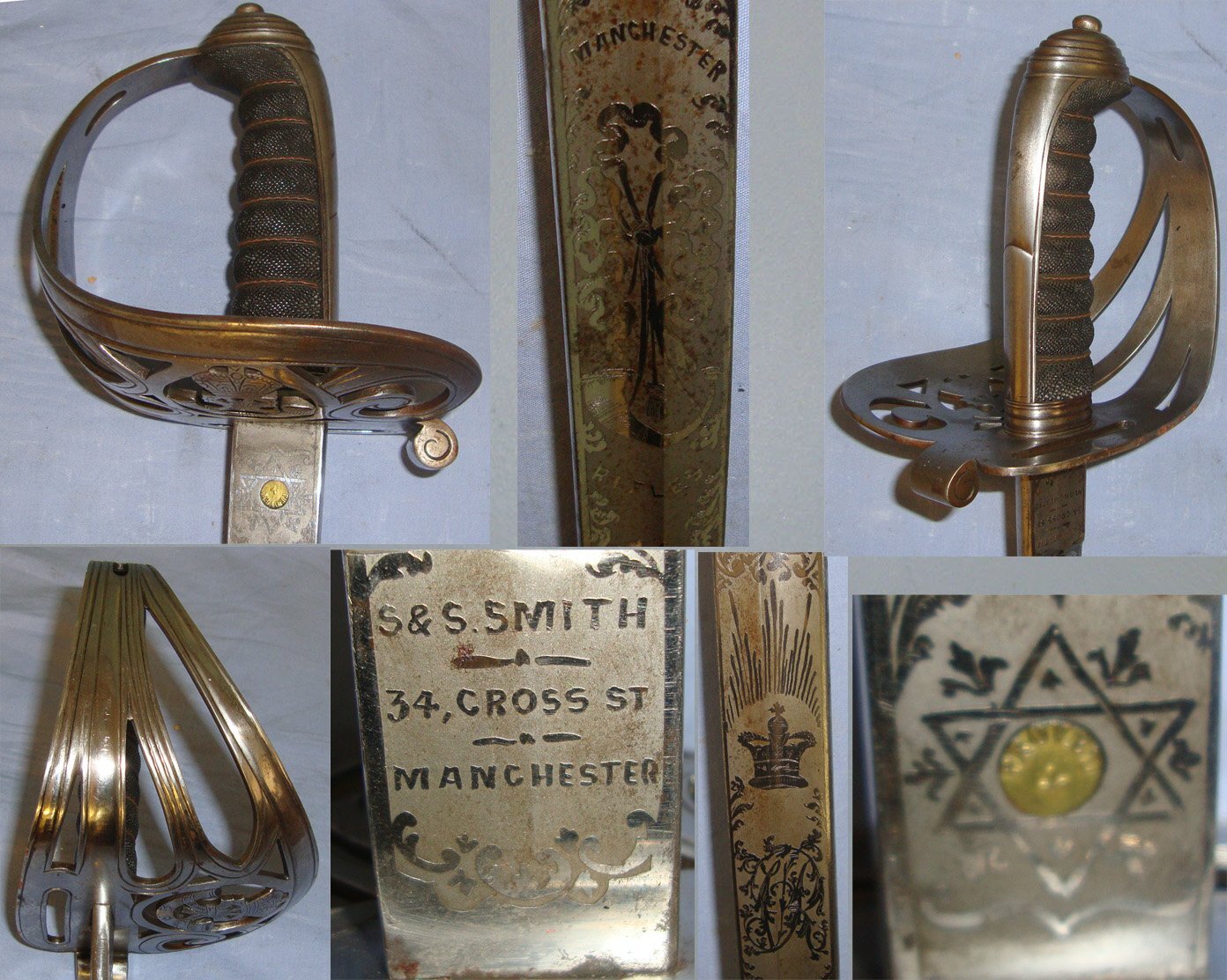 Victorian British Pattern 1827 Manchester Volunteer Rifles Officer\'s Sword With Blued & Etched Panels Blade By S&S Smith Manchester & Scabbard. Sn 22089 Sword