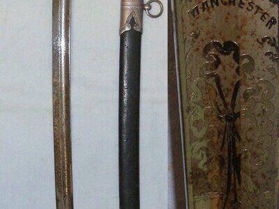 Victorian British Pattern 1827 Manchester Volunteer Rifles Officer\'s Sword With Blued & Etched Panels Blade By S&S Smith Manchester & Scabbard. Sn 22089 Sword