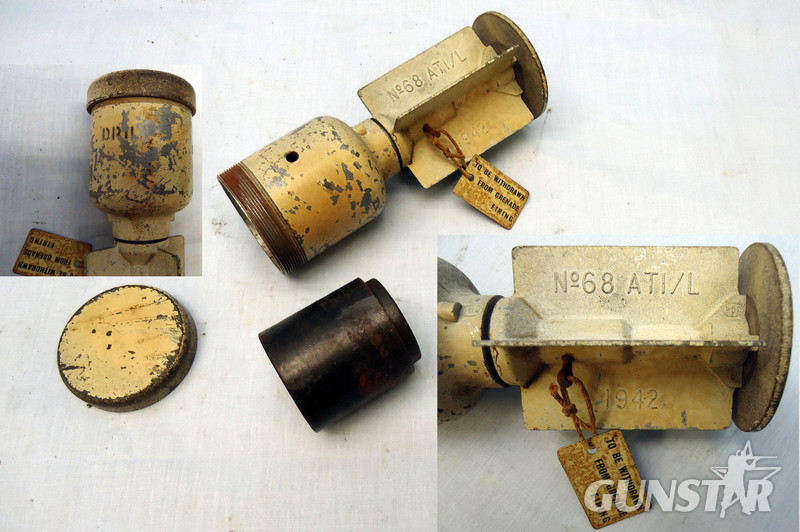 INERT DEACTIVATED, WW2, 1942 Dated British No.68 AT (Anti Tank) DRILL Grenade. O 1639 INERT DEACTIVATED. The Grenade, Rifle No. 68 /AT was a British anti-tank rifle grenade used during WW2.The No. 68 was an early form of shaped charge grenade, and has some claim to have been the first High Explosive, Anti-Tank (HEAT) device in use. The des  Other Ammunition