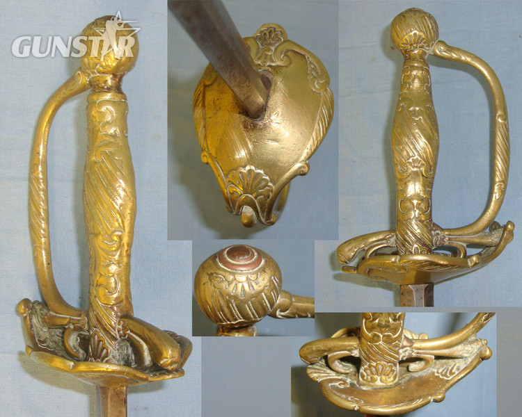 C1750 English Ornate Brass Hilt Small Sword With Flat Diamond Section Blade Sword