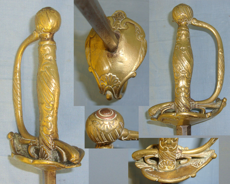C1750 English Ornate Brass Hilt Small Sword With Flat Diamond Section Blade Sword