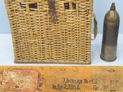 German, WW2, 4 Round, Wicker, Canvas and Leather Ammunition Carrier for the 7.5cm lleichtes Infanteriegeschutz 18 Infantry Support Gun. - O 2213 German, WW2, 4 Round, Wicker, Canvas and Leather Ammunition Carrier for the 7.5cm lleichtes Infanteriegeschutz 18 Infantry Support Gun. - O 2213  Other Ammunition