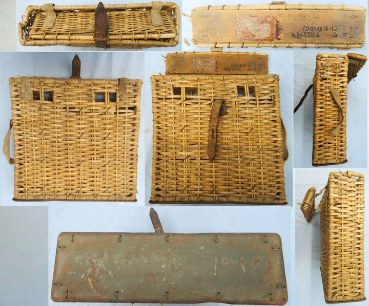 German, WW2, 4 Round, Wicker, Canvas and Leather Ammunition Carrier for the 7.5cm lleichtes Infanteriegeschutz 18 Infantry Support Gun. - O 2213 German, WW2, 4 Round, Wicker, Canvas and Leather Ammunition Carrier for the 7.5cm lleichtes Infanteriegeschutz 18 Infantry Support Gun. - O 2213  Other Ammunition