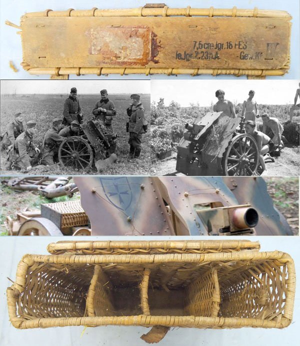 German, WW2, 4 Round, Wicker, Canvas and Leather Ammunition Carrier for the 7.5cm lleichtes Infanteriegeschutz 18 Infantry Support Gun. - O 2213 German, WW2, 4 Round, Wicker, Canvas and Leather Ammunition Carrier for the 7.5cm lleichtes Infanteriegeschutz 18 Infantry Support Gun. - O 2213  Other Ammunition