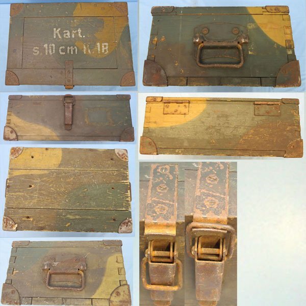 German, WW2, Camouflaged in Green & Brown, Wooden Ammunition Box for the S.10cm K18 Heavy field gun. - O 2223 German, WW2, Camouflaged in Green & Brown, Wooden Ammunition Box for the S.10cm K18 Heavy field gun. - O 2223  Other Ammunition