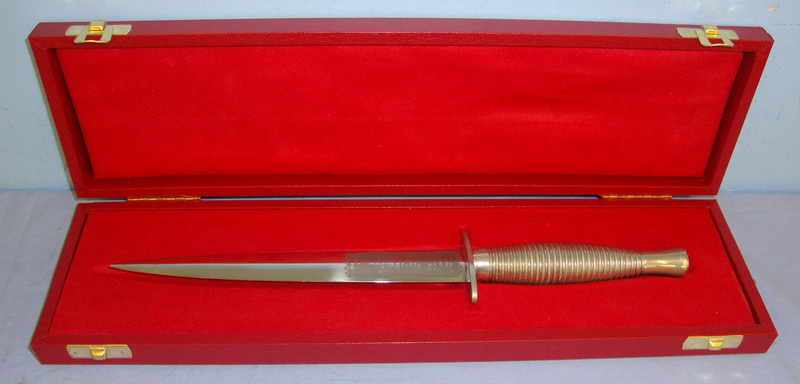  Cased Post 1952 QEII British Wilkinson Sword ‘Best Officer Commando On Course Prize’ Nickel Plated 3rd Pattern Fairbairn Sykes FS Fighting Knife With Etched Panel Dagger