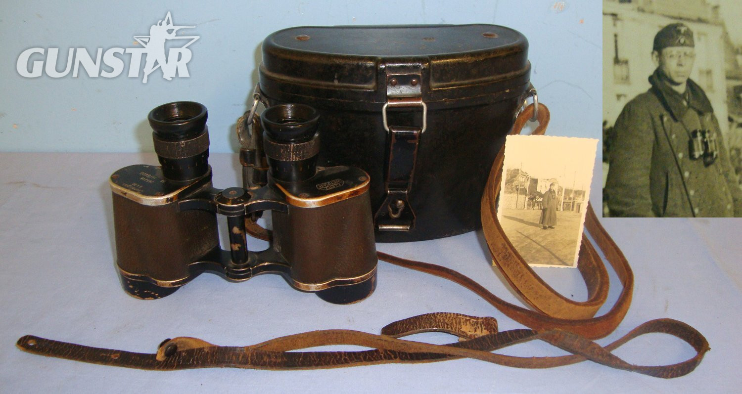 CAPTURED**WW2 Bakelite Cased Nazi German Army Ernst Leitz, Wetzlar Dienstglas (Service Glass) 6 X 30 Magnification Binoculars With Partial Detached Neck Strap, Case With Shoulder Strap & Original Period Photo Of German Soldier Wearing These Binos. Sn 2138  Sight & Optic in 