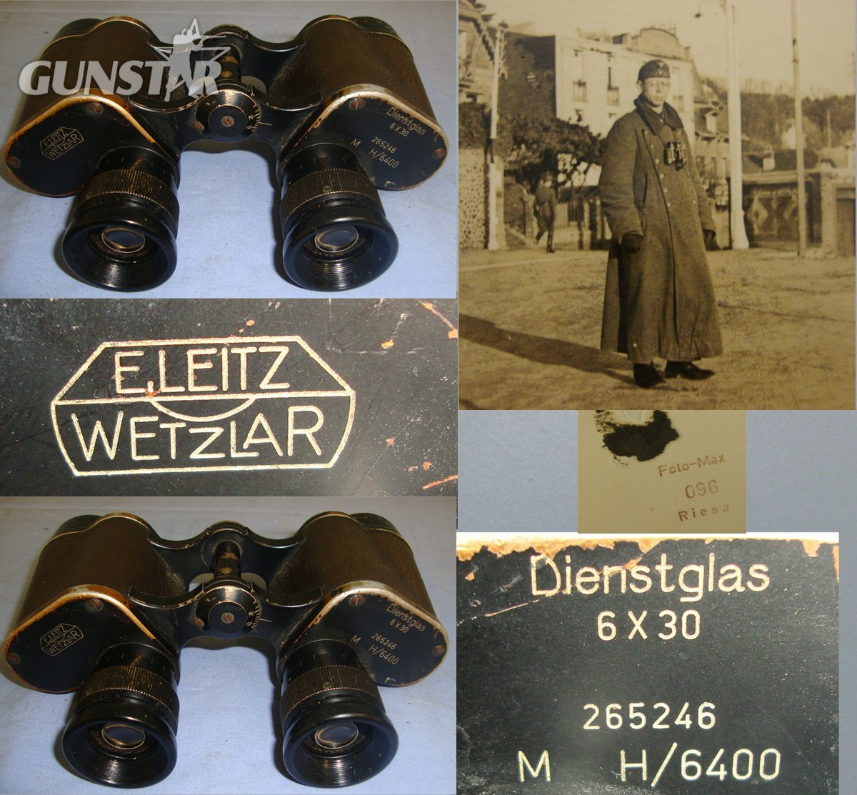 CAPTURED**WW2 Bakelite Cased Nazi German Army Ernst Leitz, Wetzlar Dienstglas (Service Glass) 6 X 30 Magnification Binoculars With Partial Detached Neck Strap, Case With Shoulder Strap & Original Period Photo Of German Soldier Wearing These Binos. Sn 2138  Sight & Optic