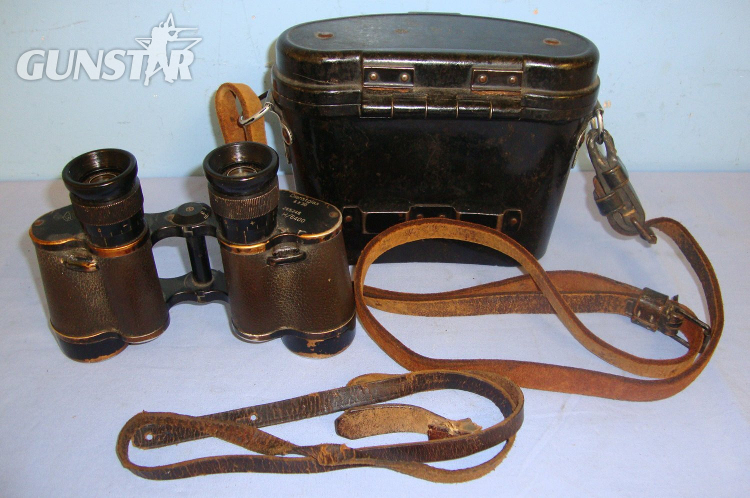  CAPTURED**WW2 Bakelite Cased Nazi German Army Ernst Leitz, Wetzlar Dienstglas (Service Glass) 6 X 30 Magnification Binoculars With Partial Detached Neck Strap, Case With Shoulder Strap & Original Period Photo Of German Soldier Wearing These Binos. Sn 2138  Sight & Optic