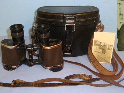 CAPTURED**WW2 Bakelite Cased Nazi German Army Ernst Leitz, Wetzlar Dienstglas (Service Glass) 6 X 30 Magnification Binoculars With Partial Detached Neck Strap, Case With Shoulder Strap & Original Period Photo Of German Soldier Wearing These Binos. Sn 2138  Sight & Optic