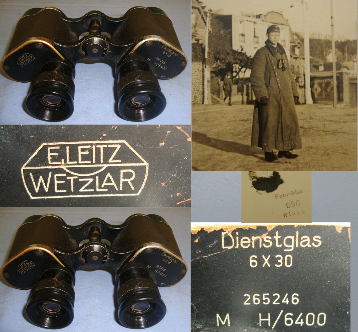 CAPTURED**WW2 Bakelite Cased Nazi German Army Ernst Leitz, Wetzlar Dienstglas (Service Glass) 6 X 30 Magnification Binoculars With Partial Detached Neck Strap, Case With Shoulder Strap & Original Period Photo Of German Soldier Wearing These Binos. Sn 2138  Sight & Optic