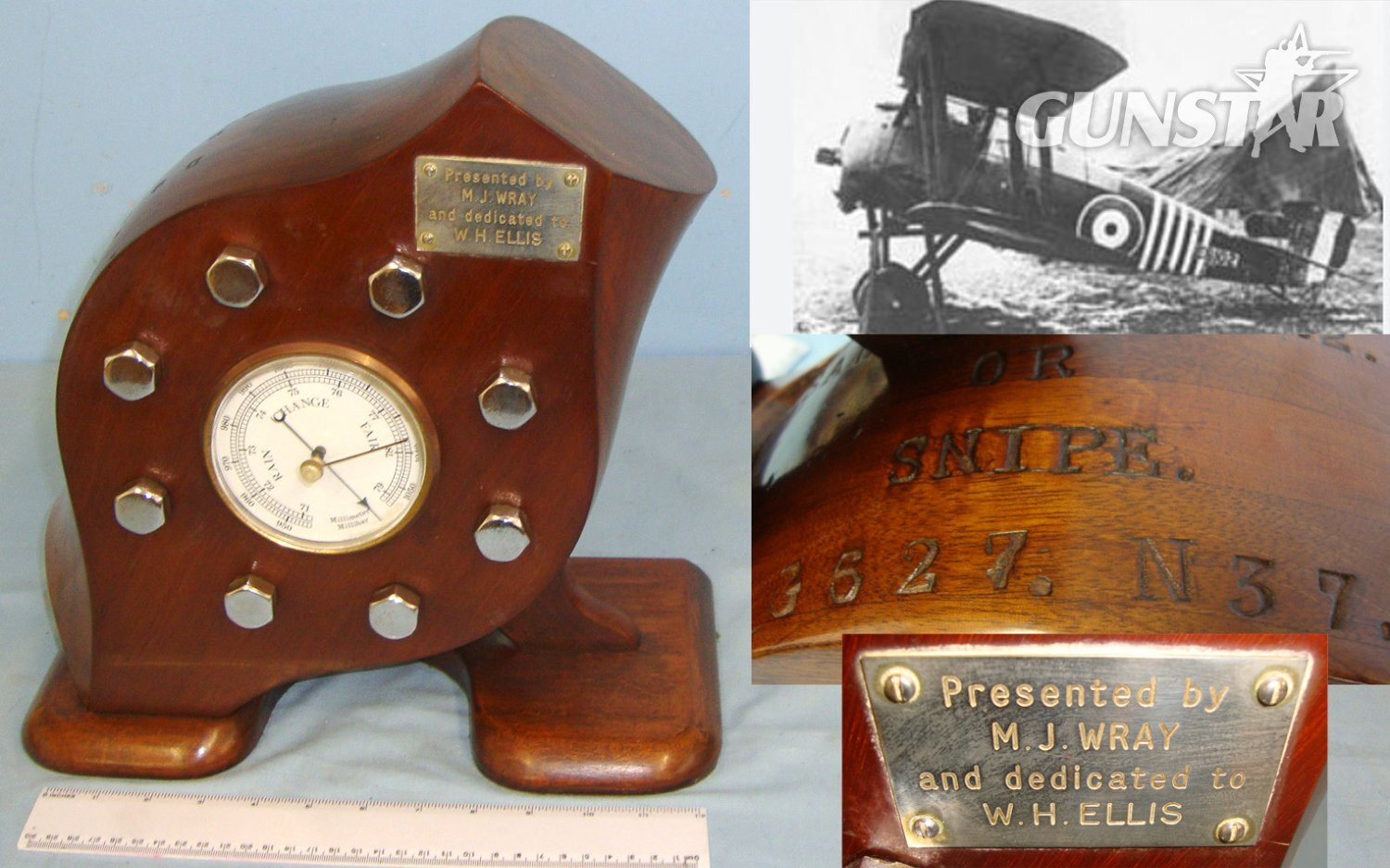 Original** WW1 British RFC / RAF Sopwith Snipe Fighter Biplane Aircraft Propellor Boss Officer\'s Mess Centre Piece With Period Centre Mounted Barometer & Presentation Plaque ‘Presented By M.J Wray & Dedicated To W.H Ellis’. Sn 22595  Antique & Militaria in 