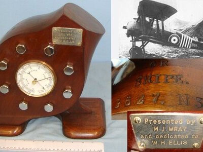 Original** WW1 British RFC / RAF Sopwith Snipe Fighter Biplane Aircraft Propellor Boss Officer\'s Mess Centre Piece With Period Centre Mounted Barometer & Presentation Plaque ‘Presented By M.J Wray & Dedicated To W.H Ellis’. Sn 22595  Antique & Militaria
