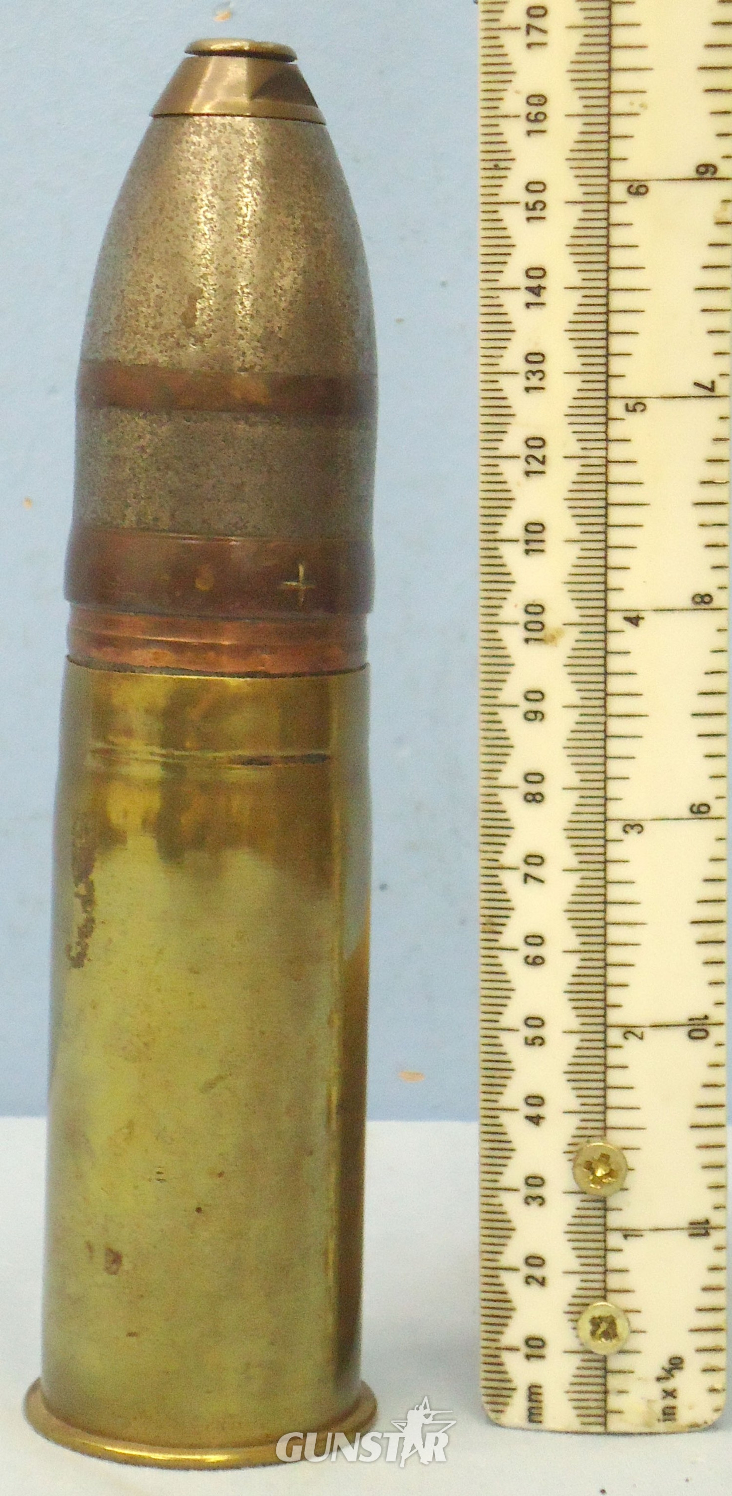 DEACTIVATED INERT. British Boer War Era, Vickers Son & Maxim 37mm (37 x 94R) Pom Pom Nose Fused HE (High Explosive) Round. - O 1400 DEACTIVATED INERT. British Boer War Era, Vickers Son & Maxim 37mm (37 x 94R) Pom Pom Nose Fused HE (High Explosive) Round. - O 1400  Other Ammunition - {CATEGORY} in 