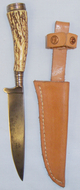 Original Inter World War German Trench Dagger / Fighting Knife with Stag Horn Handle, Pommel Marked \'Gesetzl Geschutzt\' and Later Sheath. ED 2200. Dagger