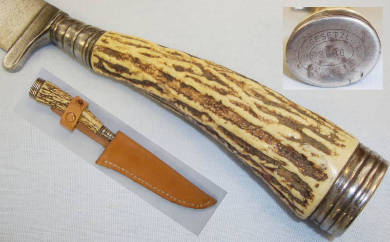 Original Inter World War German Trench Dagger / Fighting Knife with Stag Horn Handle, Pommel Marked \'Gesetzl Geschutzt\' and Later Sheath. ED 2200. Dagger