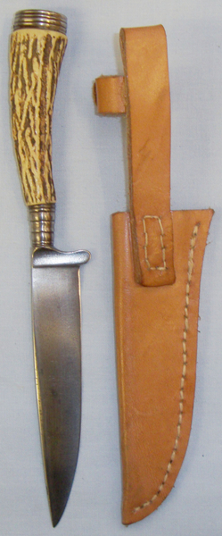  Original Inter World War German Trench Dagger / Fighting Knife with Stag Horn Handle, Pommel Marked \'Gesetzl Geschutzt\' and Later Sheath. ED 2200. Dagger