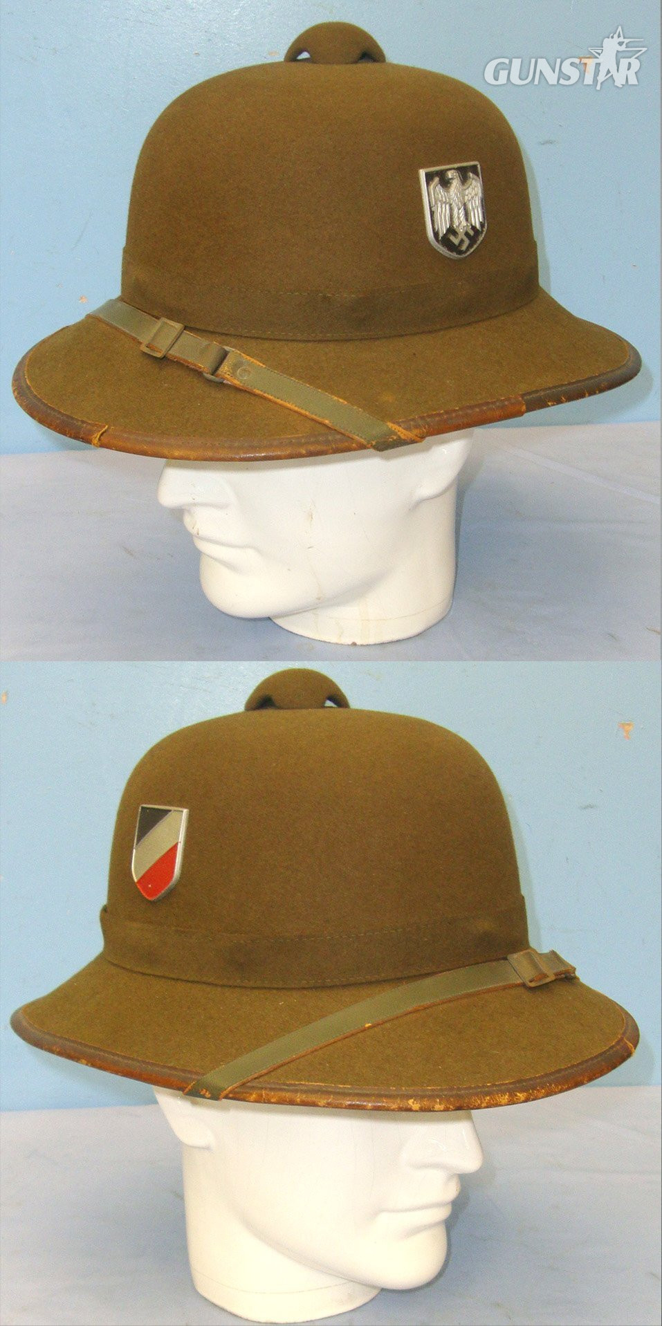 NEAR MINT**ORIGINAL**WW2 1942 Era Nazi German DAK Africa Corps (Deutsches Afrikakorps) Double Decal Olive Green Tropenhelm Tropical Helmet By JHS Size 55 (UK 6 ¾) With Chinstrap & Liner. Sn 23068:1  Clothing in 