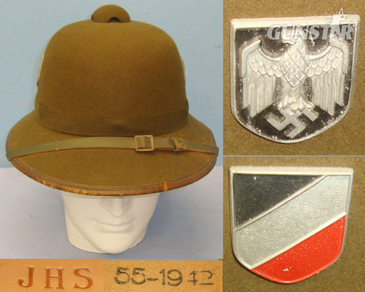 NEAR MINT**ORIGINAL**WW2 1942 Era Nazi German DAK Africa Corps (Deutsches Afrikakorps) Double Decal Olive Green Tropenhelm Tropical Helmet By JHS Size 55 (UK 6 ¾) With Chinstrap & Liner. Sn 23068:1  Clothing