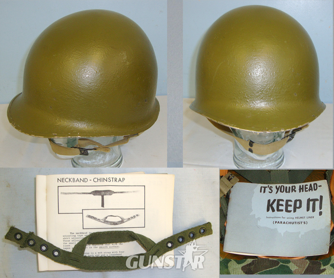  Original Vietnam War Era U.S. Army M1 Steel Combat Helmet With Vietnam War Era USMC Frogskin Helmet Cover / Mosquito Net, 1969 Stores Code Shell Liner & Original Parachutists Chinstrap Cup & Helmet Instruction Manual. HE 344  Other Accessory